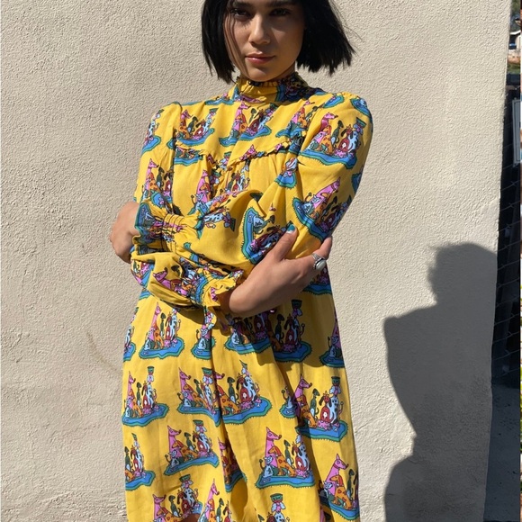 NOOWORKS dog party yellow printed long puff sleeve mini dress